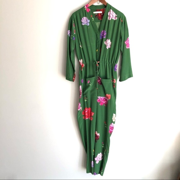 Creatures of Comfort Green Floral Jumpsuit Silk Long Sleeve Boho - Picture 2 of 16